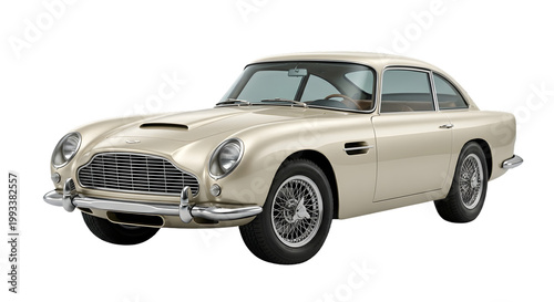 Classic Aston Martin DB5 luxury sports car isolated on white background.