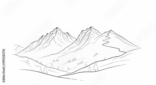 A scenic, stylized drawing of rugged mountain peaks and rolling hills