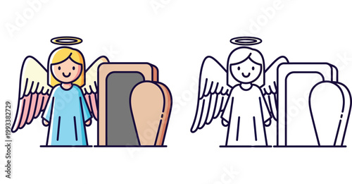 Angel with halo and wings next to a cemetery gravestone and cremation urn. Colored and outline contour vector icon set.