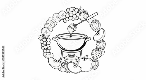 A fondue pot with dipping fruit, framed by various fruits like grapes and strawberries