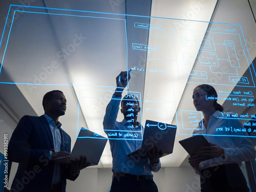     Modern office meeting focused on business strategy planning with a glass board.