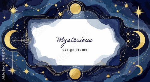 神秘的な星空と月の水彩フレーム背景｜月 星 水彩 星空 宇宙 ゴールド ベクター