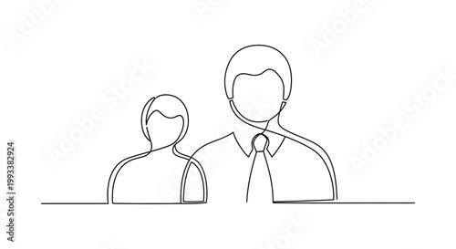 Minimalist single line drawing of a father and son family portrait, concept of togetherness and love