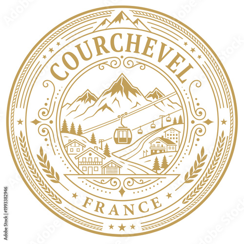 Courchevel France vintage ski resort mountain badge with gondola vector illustration
