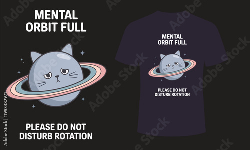 A whimsical t shirt design featuring a cute cat's head as a planet with rings promoting mental wellbeing and peacefulness