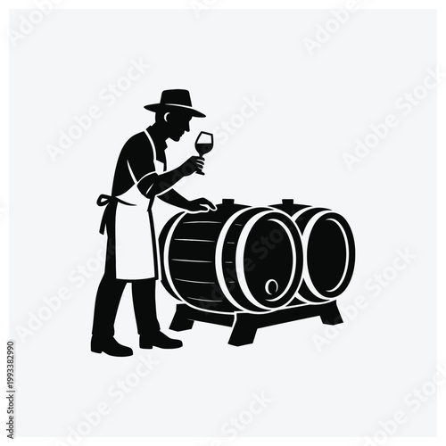 Winemaker or cooper with wine barrels