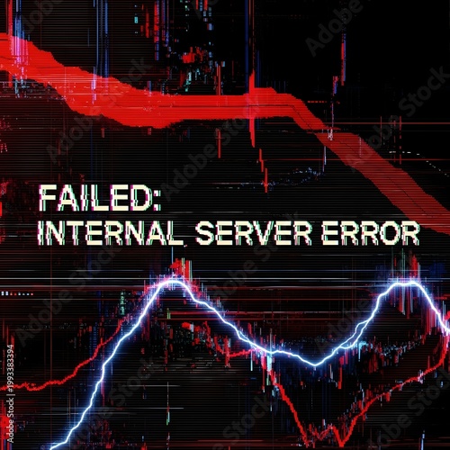 Digital glitch effect displaying internal server error with stock market graphs