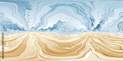 A vibrant abstract illustration of swirling blue and beige patterns resembling a sandy beach and cloudy sky.