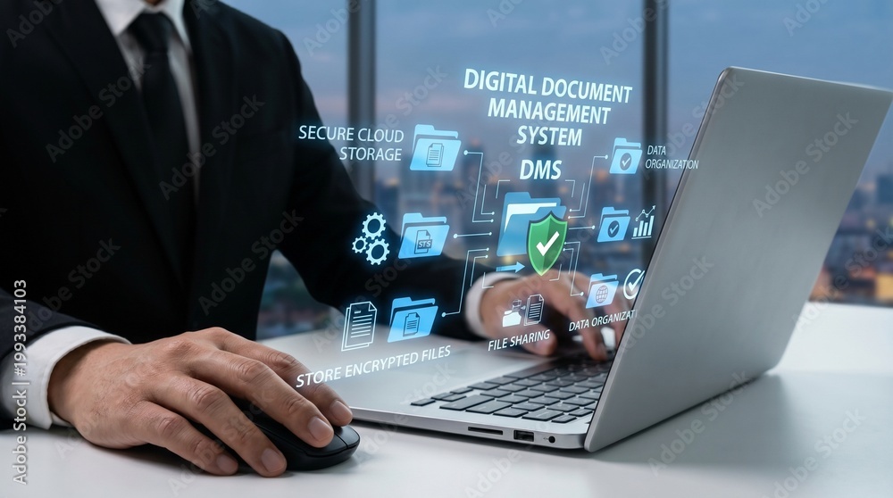 Fototapeta premium Business professional using a laptop for digital document management system, showcasing cloud storage and workflow automation for enhanced efficiency and data security