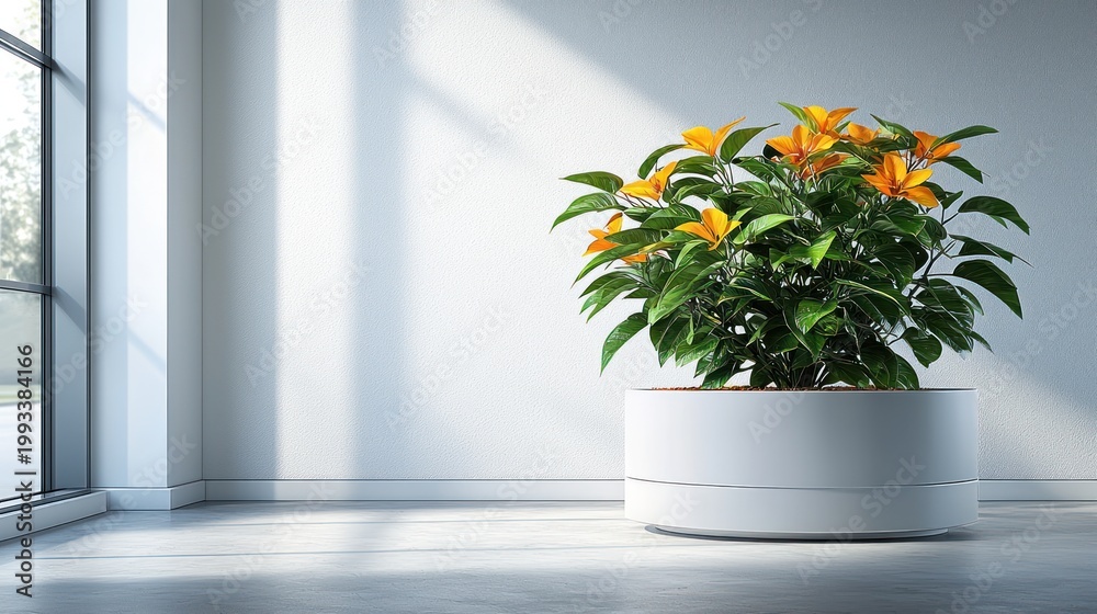 Fototapeta premium Potted plant with vibrant leaves and flowers