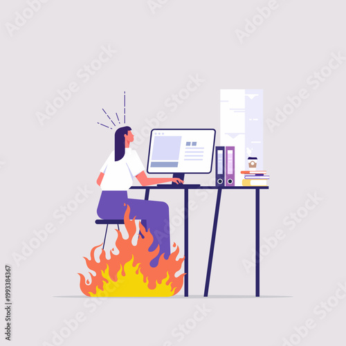 Business deadline or in hurry to complete work concept, overloaded busy multitasking person in fire missing business deadlines, hurrying with burning tasks, work stress and bad time management 