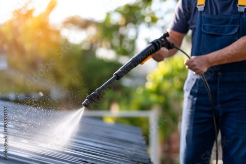 Cleaning a Rooftop with Soft Morning Light and Water Spray in a Wide Outdoor Setting
