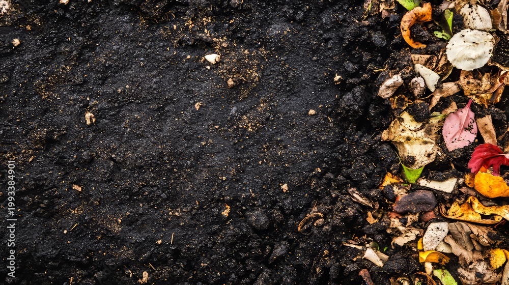 Fototapeta premium Composting process with soil and organic waste materials at a garden site in autumn