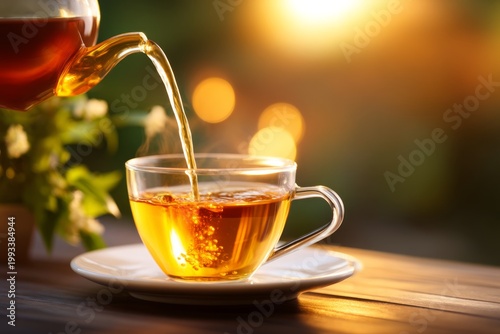 Pouring Hot Tea into Glass Cup Under Soft Golden Light in Slow Motion with Blurred Background