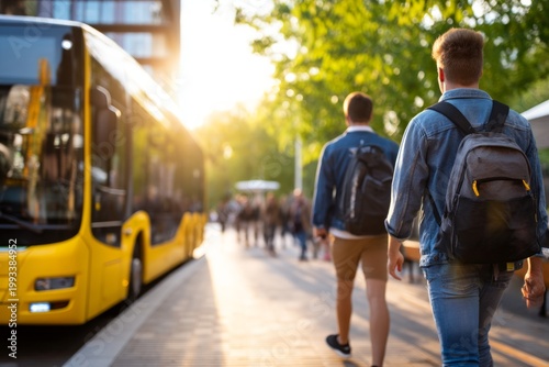 Students Stepping onto Yellow Bus in Bright Daylight Under Clear Skies at Outdoor Location