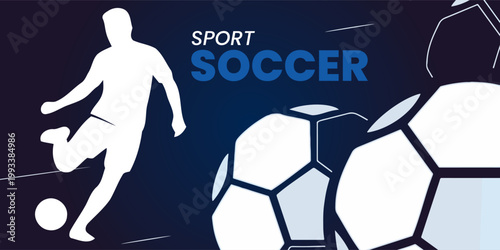 Modern soccer banner with player silhouette and ball illustration on dark gradient background. Perfect for sports promotion, events, and digital media.