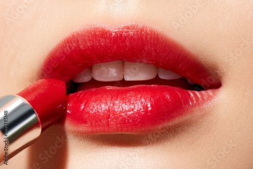 Close-Up of Glossy Red Lipstick Application on Soft Beautiful Lips in a Warm Scene