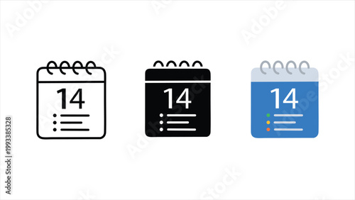 Three minimalist calendar icons showing date fourteen with schedule list markers for event planning vector graphic isolated on white background