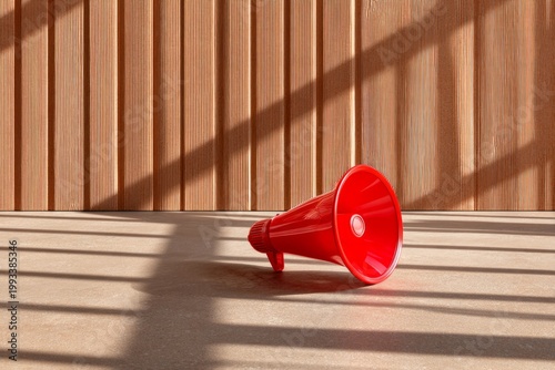 Bold Red Megaphone Casting Dramatic Shadows on Warm Surface in Stylish Indoor Scene