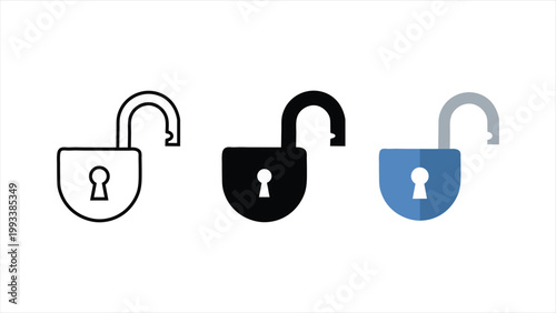 Unlock open padlock icon set in outline solid black and blue design styles isolated on white background