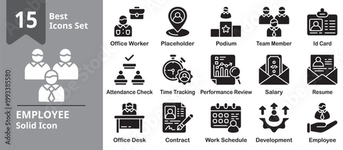 Employee Icon set. Including employee, worker, staff, office, people, team and more. Solid vector icons collection. Vector Illustration.