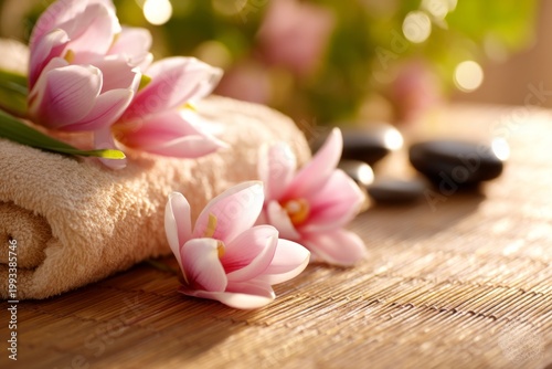 Tranquil Spa Scene with Soft Pink Flowers and Clean Towel on Bamboo Surface