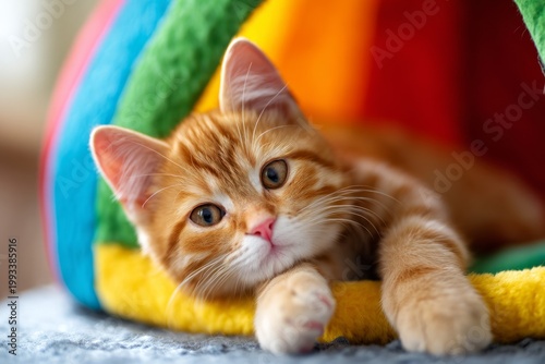 Playful and Colorful Kitten Resting Inside a Warm Rounded Pet House Filled with Joy