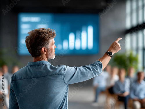 Business Presentation by Speaker Engaging Audience with Data Insights Conference Room Image Capture Professional Environment Rear View