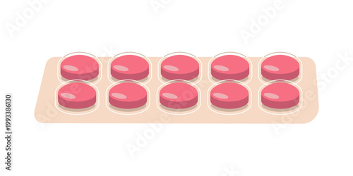 Red round pills in transparent package. Blister pack with pills. Oral medications, pills. Vector flat illustration of medical drugs