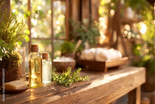Warm Rustic Table Displaying Natural Skincare Elements with Soft Light in a Cozy Environment