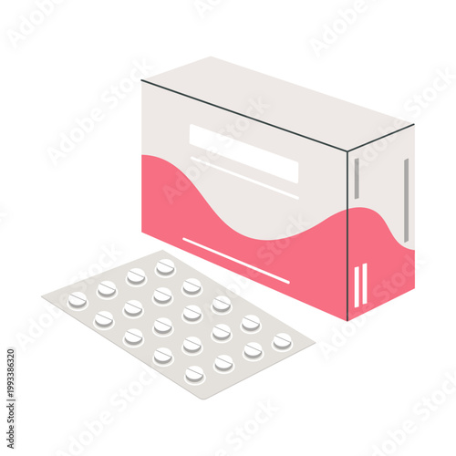 Pills box with medications and blister pack of round tablets. Medical flat illustration packaging with medicines, isolated on white background.