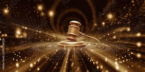 A golden gavel rests on a podium surrounded by shimmering golden particles and streaks of light.