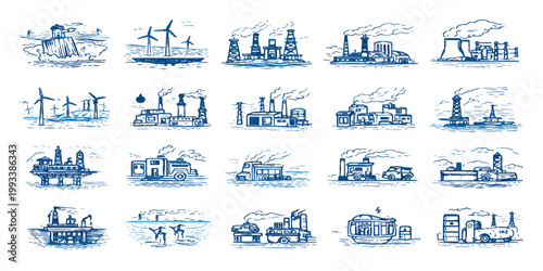 Set of vector icons and symbols featuring transport and industry illustrations including a train, truck, boat, car, and bus for city travel and oil business design