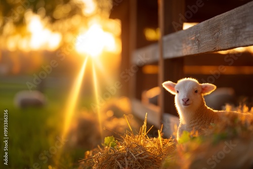 Warm Sunrise Scene at a Farm with Soft Light and Sheep Near a Wooden Stable
