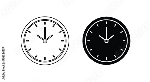 A pair of analog clocks are displayed one with a white face and one black showing slightly different times