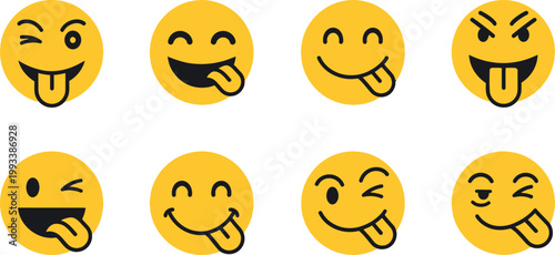 Collection of eight playful and expressive yellow emoticons displaying various tongue out and winking facial expressions