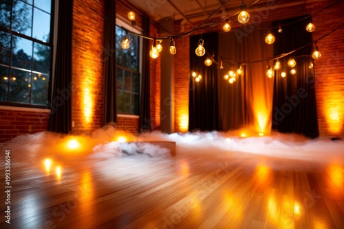 Cozy Halloween Party Setup with Golden Lights, Fog, and Warm Atmosphere in Spacious Room