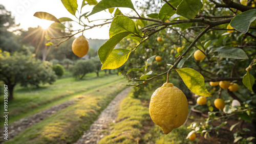 Lemon tree with ripe lemons and sunlight shining on a green garden path during afternoon
