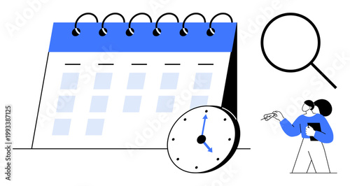 Time management, project planning, organization, schedule tracking, productivity, and deadline analysis. Large desk calendar beside a clock and a magnifying glass. Time management and project
