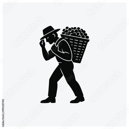 Silhouette of a market vendor carrying a basket of goods.