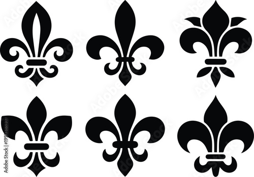 Set of black fleur de lis symbols on white background