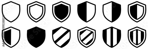 Shield, security, protection, badge, defense, guard, safety shield icon set with secure, armor, emblem, privacy, lock, trusted, warning, symbol collection.