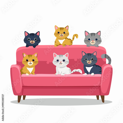 Cute Cartoon Cats Sitting on a Pink Sofa