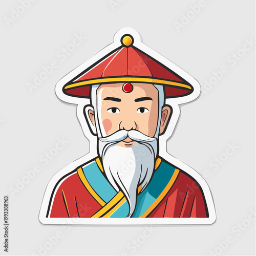 Cartoon of an Asian Elder Man with a Beard and Traditional Hat