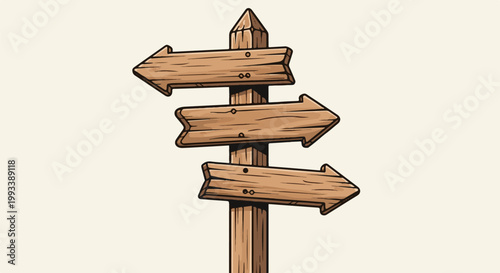 Rustic wooden signpost with three arrow-shaped planks pointing left, right, and left