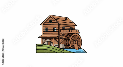 Rustic wooden watermill with large wheel situated by a flowing stream on green terrain