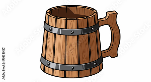 Rustic wooden tankard with metal bands and a handle