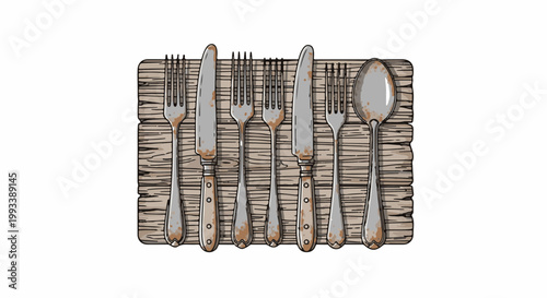 Rusty vintage cutlery, including knives, forks, and a spoon, arranged on a wooden plank background