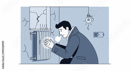 Sad man warming hands by a cold radiator, with a dim bulb and low battery