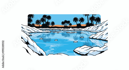 Serene icy oasis with tropical palms reflecting in the still, blue water under a clear sky